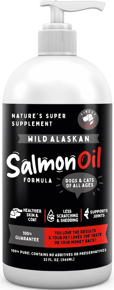 Wild Alaskan Omega-3 Blend Pollock + Salmon Oil for Dogs & Cats (32oz). 100% Pure Fish Oil Supplement with EPA & DHA for Joints, Skin & Coat, Itching, Shedding, Immune & Heart. Tasty & Easy to Give.