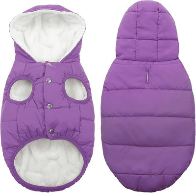 SAWMONG Waterproof Dog Winter Coat, Warm Fleece Lined Dog Jacket with Hood, Windproof Puppy Coat, Pet Apparel Vest Outdoor&Indoor Winter Activities(Purple,L)