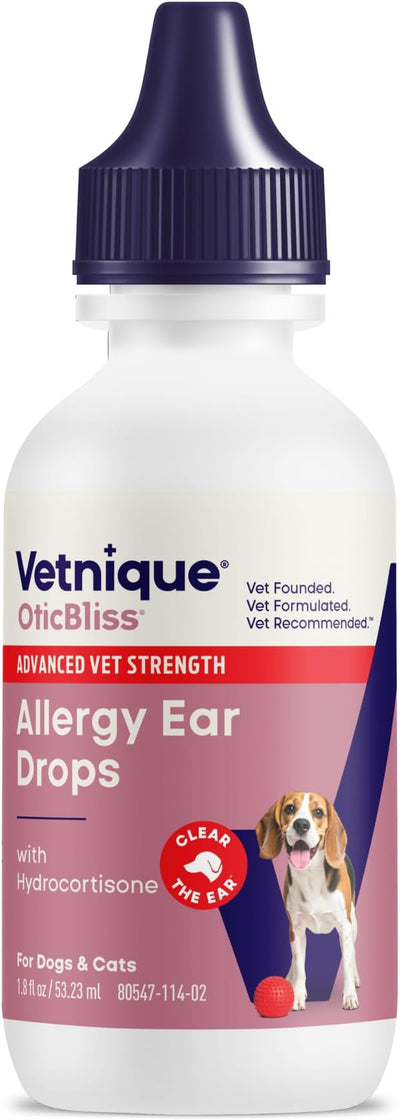 Vetnique Oticbliss Allergy Ear Drops for Dogs & Cats, Otic Ear Solution for Dogs with 1% Hydrocortisone, Itch Relief, Redness, Swelling, Inflammation, Alcohol Free Medicated Drops Chitosan