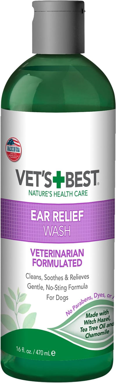 Vet's Best Dog Ear Relief Wash - Alcohol-Free No-Sting Formula - Controls Odors & Itching - Cleans Wax & Debris - 16 Ounces