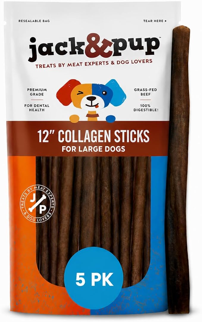 Jack&Pup 12" Beef Collagen Sticks for Dogs | Rawhide Free Dog Chews Long Lasting | Single Ingredient Healthy Dog Treats for Medium Dogs | Bully Stick Alternative (5 Pack)