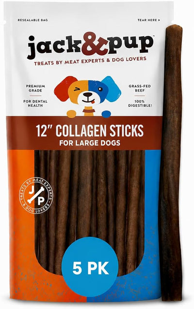 Jack&Pup 12" Beef Collagen Sticks for Dogs | Rawhide Free Dog Chews Long Lasting | Single Ingredient Healthy Dog Treats for Medium Dogs | Bully Stick Alternative (5 Pack)