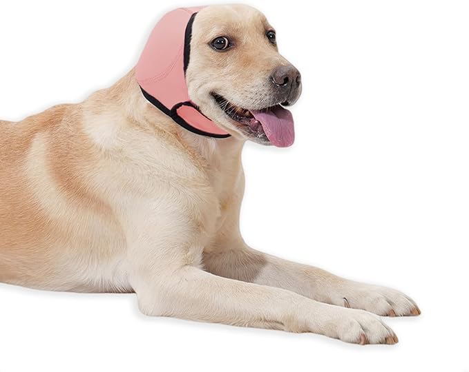 Dog Ear Cover for Hematoma,Bathing,Grooming,Drying,Fashion No Shake Ear Wraps for Dogs Ear Muffs Noise Protection Anxiety Relief,Waterproof Dog Calming Hoodie Shower Cap(Pink,L)