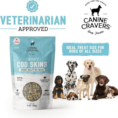 Canine Cravers Single Ingredient Dog Treats – Wild Caught Crispy Cod Skins - Human Grade Air Dried Hypoallergenic Pet Food – Grain, Gluten, and Soy Free – 100% All Natural – 4 oz