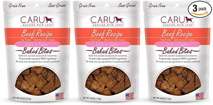 Caru - Soft n’ Tasty Baked Bites - Beef Bites Dog Treats - Flavorful Training Treats - 4 oz Bags - Pack of 3