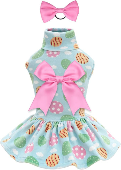 CuteBone Turtleneck Dog Velvet Dress Easter Eggs Puppy Skirt Costume Pet Clothes Cat Apparel with Bow Hair Rope for Small Dogs CVD21S
