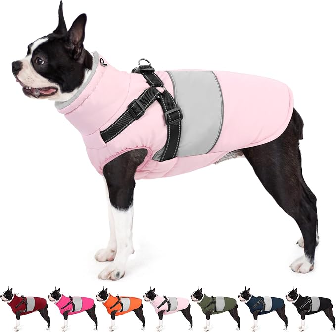 AOFITEE Dog Coat, Waterproof Dog Jacket Winter, Dogs Coat with Harness Built in, Warm Dogs Puffer Jacket with Zipper, Reflective Pet Snowsuit Sweater for Dachshund, French Bulldog, Boston Terrier, M