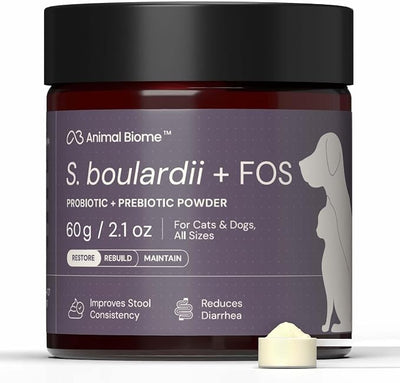 Animal Biome S. Boulardii + FOS Powder Probiotics for Dogs & Cats 60g (100 Scoops), Saccharomyces Boulardii Dog Probiotic + Prebiotic for Gut Health, Loose Stool, Sensitive Stomach Microbiome Support