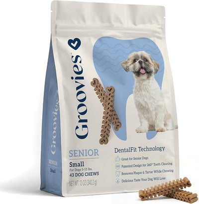 Groovies Senior & Gentle Chewers Dog Dental Treats, Flexible Texture, Patented Technology to Help Control Tartar & Freshen Breath, Small Dog Chews (5-15 lbs), USA Manufactured Oral Care, 43 Count