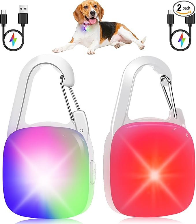 Dog Collar Light, 2 Pack Rechargeable Dog Light Clip On, 80LM Brightness 4 Color Modes Dogs Lights for Night Walking, Waterproof Pet Camping Essentials for Running, Cycling, Hiking (White)