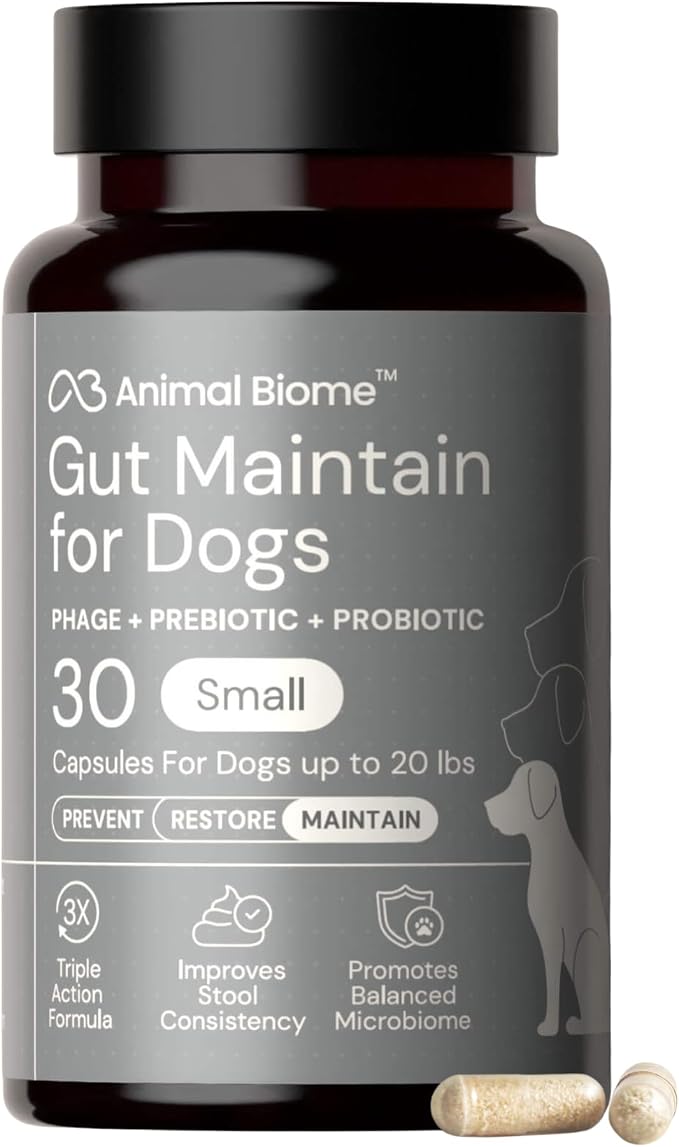 Animal Biome Probiotics for Dogs with S Boulardii, Gut Maintain (30 Capsules) – Triple-Action Small Dog Probiotics, Prebiotics & Phage Supplements for Gut Health, Firmer Stool & Diarrhea Support