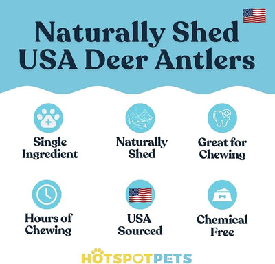 hotspot pets Deer Antlers for Dogs - 7+ Inch Large Dog Antler Chews Naturally Shed Antler Bone (4 Pack) for Large Breed Aggressive Chewers - Sourced in USA -Promotes Dental Hygiene- Rich in Calcium