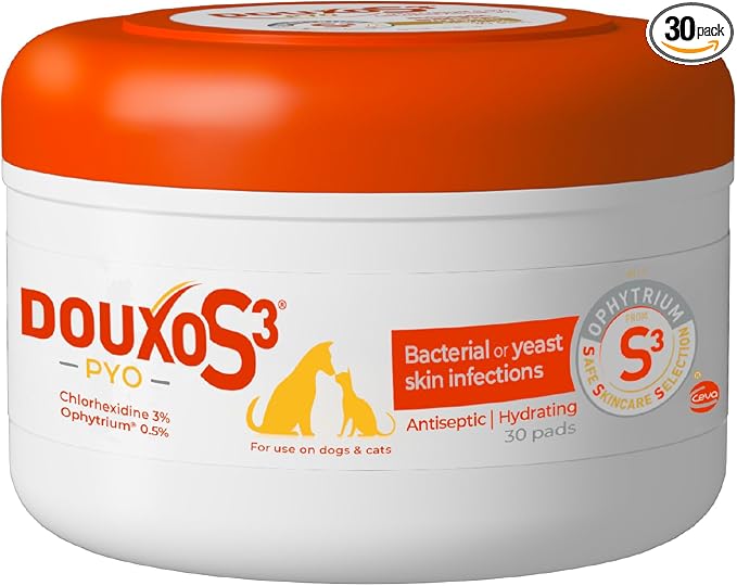 Douxo S3 PYO Pads, 3% Chlorhexidine Wipes for Dogs and Cats, Antiseptic Dog Wipes For Bacterial or Yeast Skin Infections, 0.5% Ophytrium Clinically Proven, 30 Pads