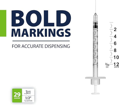 Easy Touch Pet U-40 Insulin Syringes for Dogs & Cats – 29G 0.3cc 1/2", Half-Unit Markings, Compatible with U-40 Insulin, Box of 100 (For Animal Use Only)