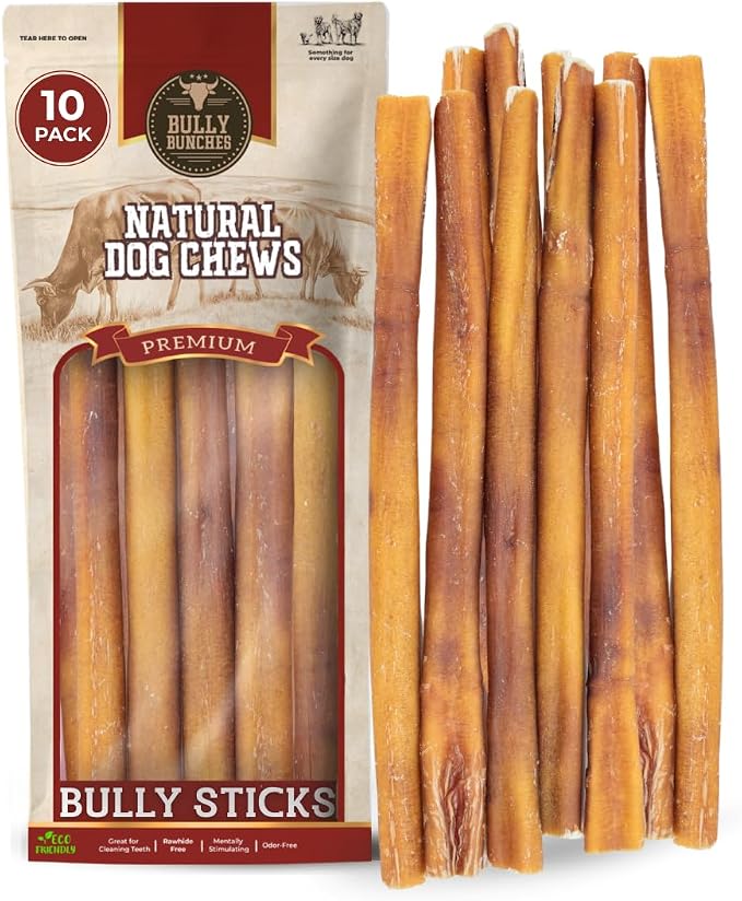 Bully Bunches Premium (12" Standard - 10 Pack) Odor-Free Bully Sticks for Medium & Large Dogs - Consistently Sized Long-Lasting, Natural, Single-Ingredient 100% Beef Chews for Oral Health, Made in USA