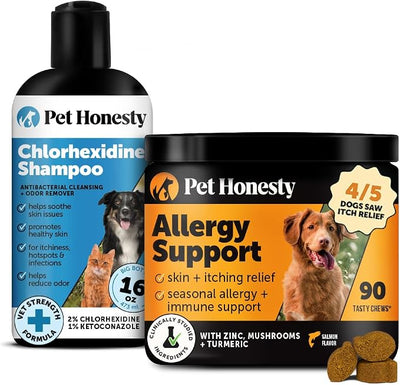 Chlorhexidine Shampoo + Allergy Support Soft Chew Virtual Bundle - All-Natural Dog Vitamins, Fish Oil for Dogs, Omega 3 for Dogs, Itch Relief, Shiny Dog Coat, Dog Shampoo for Allergies
