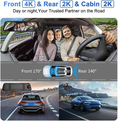 Three Recording Camera: 4K+2K+2K HD Car Dash Cam with Voice Control, Wi-Fi Rearview Camera, WDR Night Vision, G-Type Sensor, 24H Parking Monitoring & ABS
