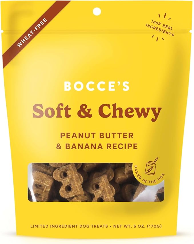 Bocce's Bakery Oven Baked PB & Banana Recipe Treats for Dogs, Wheat-Free Everyday Dog Treats, Real Ingredients, Baked in The USA, Natural Soft & Chewy Cookies, Peanut Butter & Banana, 6 oz