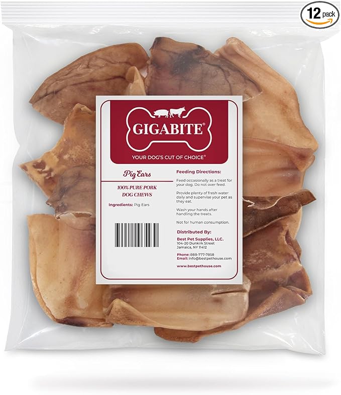 Best Pet Supplies GigaBite Whole Pig Ears for Dogs, 12 Pack - All-Natural Slow-Roasted Chews that Clean Teeth and Satisfy Aggressive Chewers