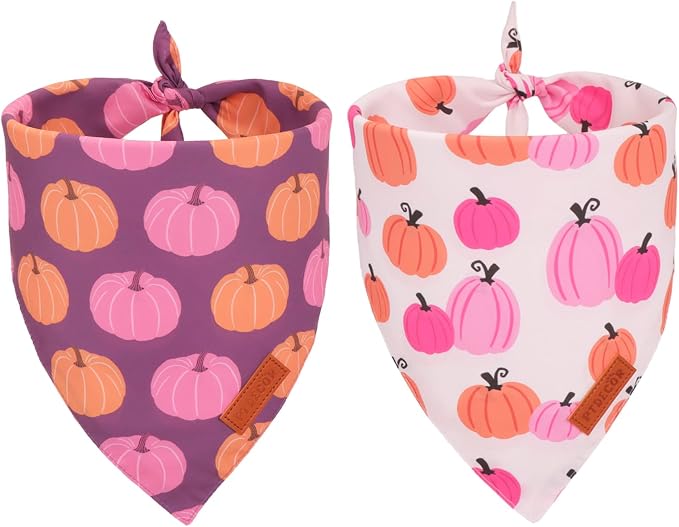 PTDECOR Fall Dog Bandana, Pink Pumpkin Design Reversible Holiday Dog Scarf, Triangle Thanksgiving Bandanas for Large X-Large Dogs (X-Large)