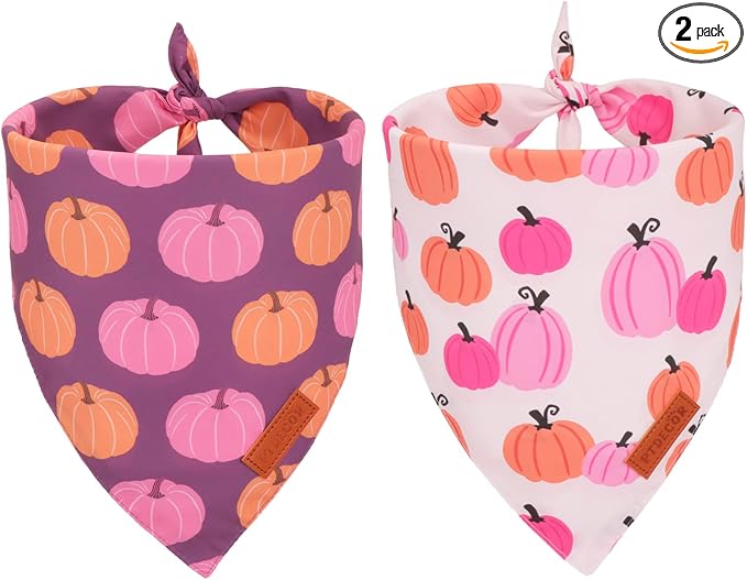 PTDECOR Fall Dog Bandana, Pink Pumpkin Design Reversible Holiday Dog Scarf, Triangle Thanksgiving Bandanas for Medium Large Dogs Pets (Large)
