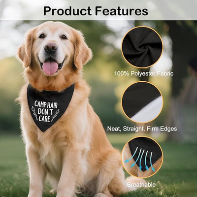 Camp Hair Don't Care Black Dog Bandana, Funny Pet Scarf Photo Prop Accessory for Nature Outdoor Adventure Hiking Camping Mountain, Christmas Birthday Gifts for Puppy Mom Dad Lover Camper