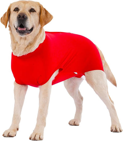 LovinPet Dog Recovery Suit, Easy Snap-Back Cover for Large Dogs, Bodysuit for Female Dogs, Solid-Color Surgery Suit with Cushioned Belly Panel, Red, XXL