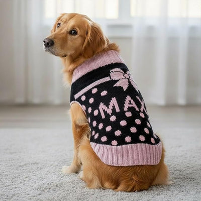 Custom Knit Sweater for Dogs and Cats Personalized Name Bow Polka Dot Design Soft Cozy Pet Wear for Winter Holiday Special Occasions Valentines Gift
