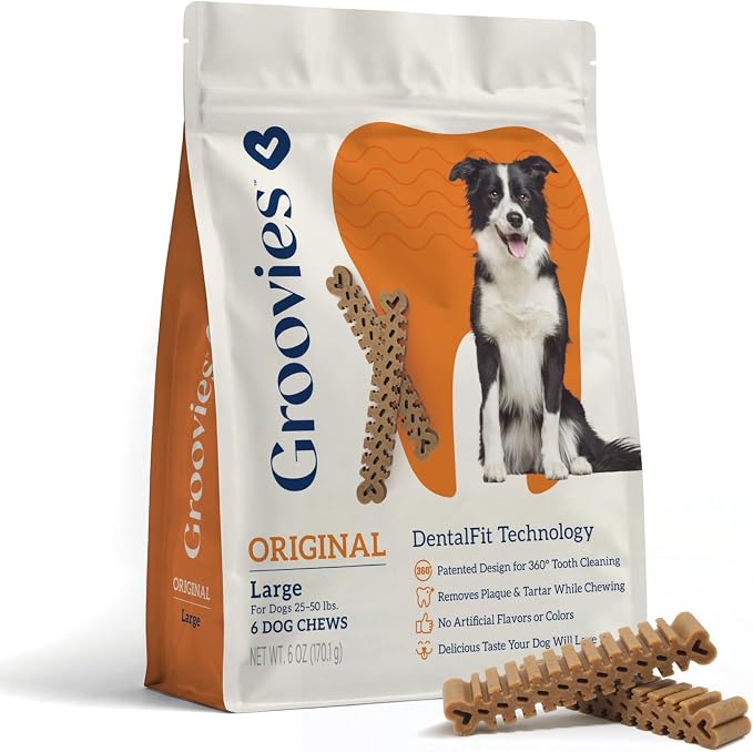 Groovies Dog Dental Treats, Flexible Yet Effective, Patented DentalFit Technology to Help Control Tartar & Freshen Breath, Large Dog Chews (25-50 lbs), USA Manufactured Oral Care, 6 Count