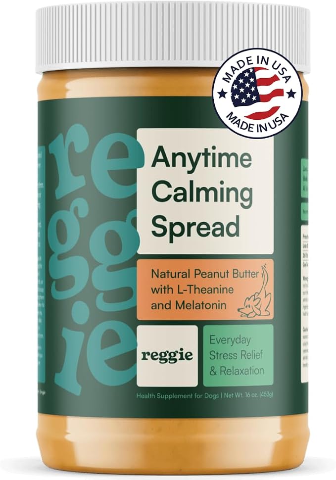 Reggie Calming Peanut Butter for Dogs, 100% Natural Dog Peanut Butter with Melatonin & L-Theanine, Lick Mat Spread for Short-Term Dog Anxiety Relief, Made in USA 16oz