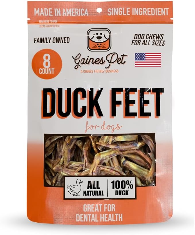 Gaines Pet Duck Feet for Dogs – 8 Count, Natural Chews with Glucosamine, Chondroitin & Collagen – Single Ingredient Dog Treats, Grain-Free, USA Made, Joint & Dental Health Support