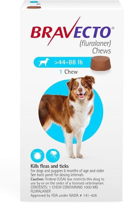 BRAVECTO Chew for Dogs, Flea & Tick, 1 Chew, 12 Week Supply, >44-88 lbs., Blue Box
