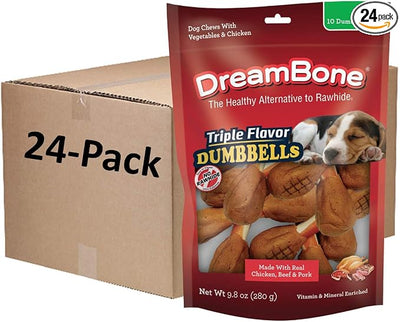 Dreambone Triple Flavor Dumbbells with Chicken 10 Count, Rawhide-Free Chews for Dogs (Pack of 24)