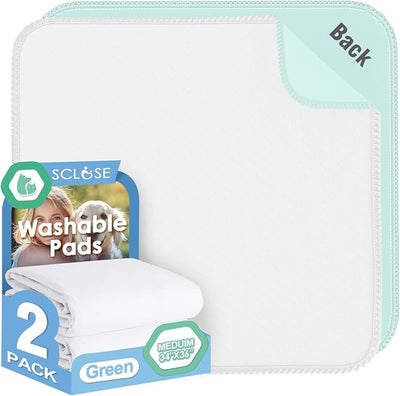 SCLOSE Washable Pee Pads for Dogs 2 Pack, 34" x 36" Waterproof Incontinence Bed Pads for Adults, Elderly and Kids, Nursing Pads, Chucks Pads, Super Asorbent Dog Training Pads, White & Green