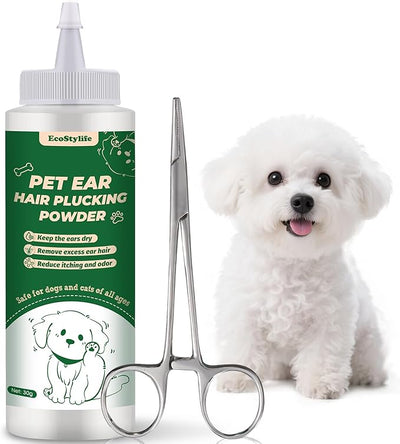 Dog Ear Plucking Powder & Hair Removal Tool Kit – 30g Dog Ear Powder for Hair Removal, 5.5" Hemostat Ear Hair Removal Tool – Helps Reduce Wax & Odor – Ear Grooming Kit for Dogs