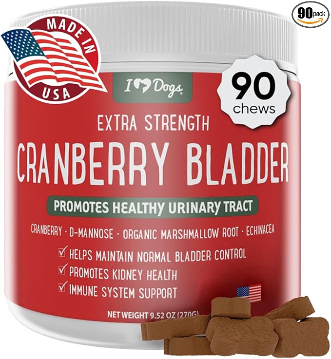 iHeartDogs Extra Strength Urinary, Bladder, & Kidney Support for Dogs – Cranberry, D-Mannose & Echinacea Helps Maintain Urinary Tract Health, Strengthens Weak & Incontinent Bladder