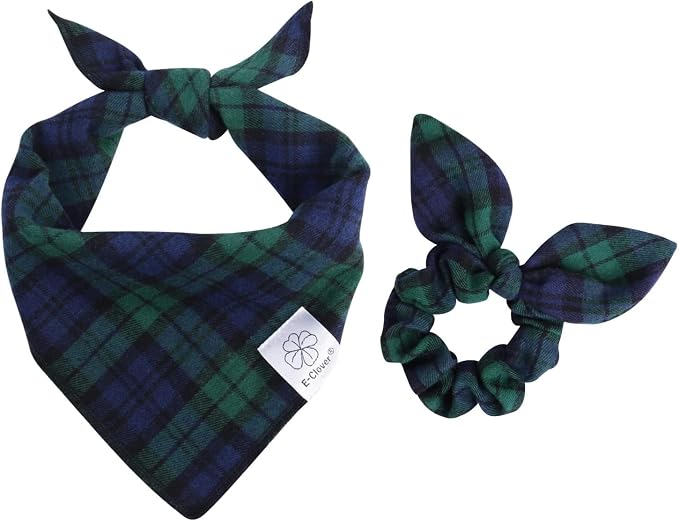 E-Clover Green Dog Bandanas Boy & Matching Scrunchie Set Plaid Dog Scarf Kerchief for Medium Large Dog Pet Bandana Owner Gifts Blue St Patrick Spring