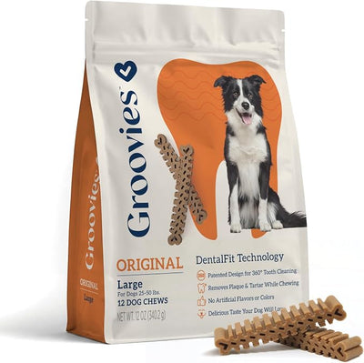 Groovies Dog Dental Treats, Flexible Yet Effective, Patented DentalFit Technology to Help Control Tartar & Freshen Breath, Large Dog Chews (25-50 lbs), USA Manufactured Oral Care, 12 Count