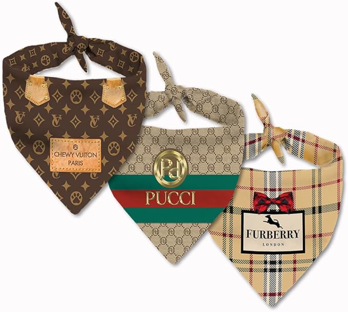 Dog Bandana Designer Fashion Clothes Scarf kercheif for Small Dogs. Funny Parody Gift for Girl or boy Dog Soft Durable Fabric, Chewy Vuiton, Pucci, and Furry Plaid - (3 Pack)