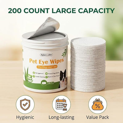 Dylan's cabin Eye Wipes for Cats - 200 Count Soft Round Dogs Eye Cleaning Pads, Alcohol Free pH Balanced Daily Tear Stain Wipes Remove Discharge and Crust