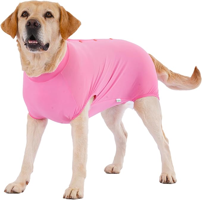 LovinPet Dog Recovery Suit, Easy Snap-Back Cover for Large Dogs, Bodysuit for Female Dogs, Solid-Color Surgery Suit with Cushioned Belly Panel, Pink, L