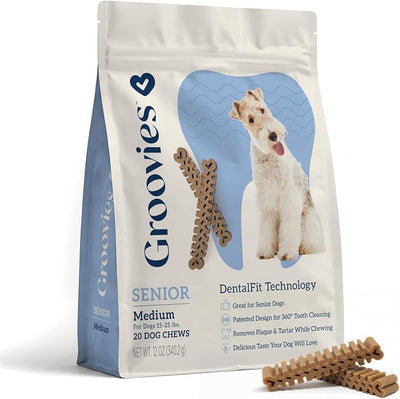 Groovies Senior & Gentle Chewers Dog Dental Treats, Flexible Texture, Patented Technology to Help Control Tartar & Freshen Breath, Medium Dog Chews (15-25 lbs), USA Manufactured Oral Care, 20 Count