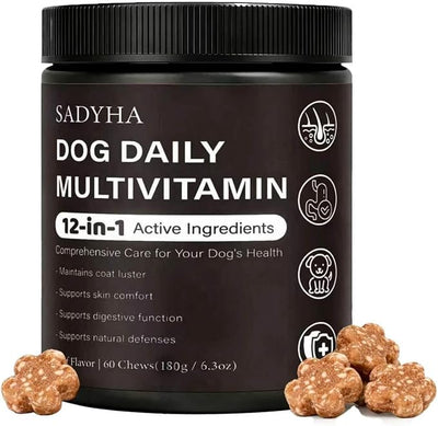 Daily Multivitamin Chews for Dogs, Itch & Skin Support with Salmon Oil, Folic Acid & Chondroitin, Supports Healthy Skin, Coat, Immunity & Digestion, 60 Count Beef Flavor (01)
