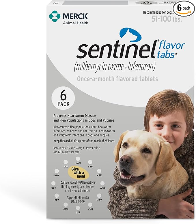 Sentinel Flavor Tabs for Dogs, 51-100 lbs, 6 Chewable Tablets, 6-month supply, White Box