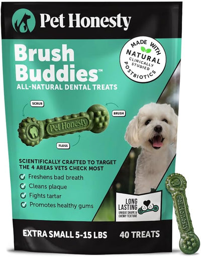 Brush Buddies Long Lasting Dog Dental Chews - All Natural Dental Sticks for Teeth Cleaning Plaque Off + Tartar Remover for Dogs - Dog Dental Treats + Breath Freshener - Extra Small Dogs (40 Count)