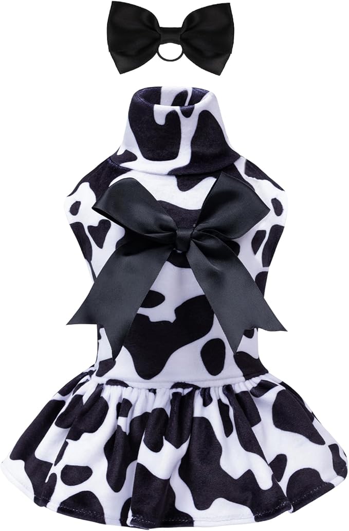 CuteBone Turtleneck Dog Velvet Dress Puppy Skirt Costume Pet Clothes Cat Apparel with Bow Hair Rope for Small Dogs CVD07XS