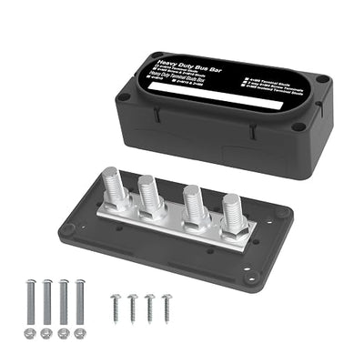 Heavy Duty Bus Bar 300A 12V Power Distribution Block with 3/8" (M10) 4-Posts Terminals Block with Cover for Automotive, Marine, Battery System (Black)