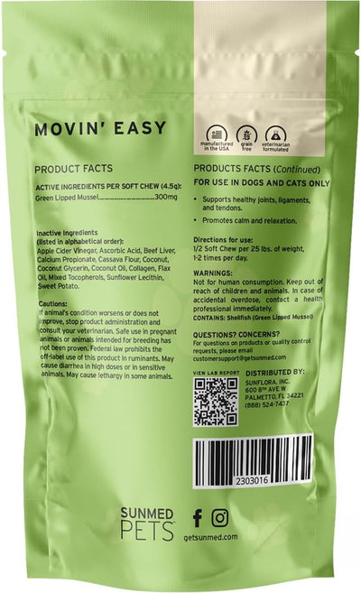 Sunmed Movin' Easy Hemp Pet Chews for Joint Health & Mobility – Omega-3, Green Lipped Mussels, 5mg Hemp Extract – Supports Flexibility & Comfort | Beef Liver & Sweet Potato, 40 Count