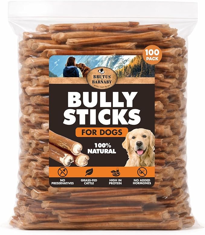 BRUTUS & BARNABY 6 Inch Bully Sticks for Multiple Dogs (100 Count) Bulk Value Pack – Long Lasting Natural Beef Chews, Grass-Fed Pizzle Sticks for Large Dogs & Aggressive Chewers