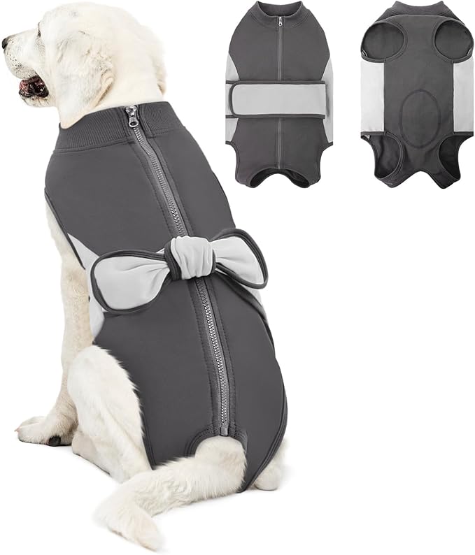 SAWMONG Zipper Recovery Suit for Dogs, Cotton Dog Surgery Suit Female Spay Pet Male Breathable, Neuter Onesie Bodysuit Prevent Licking Wounds, Substitute E-Collar & Cone(Gray, X-Large)